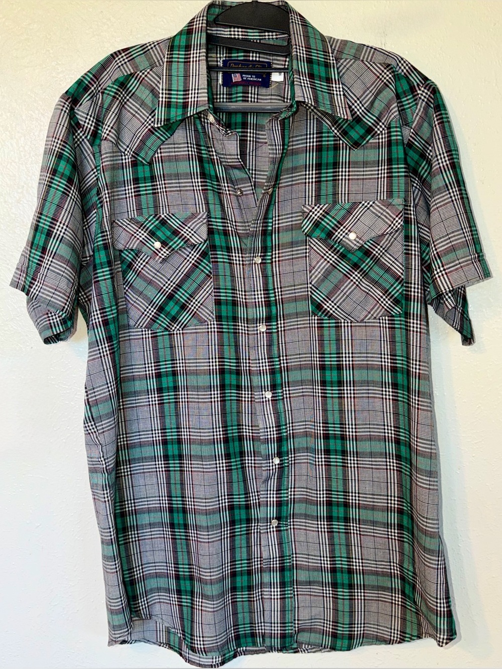 Panhandle Slim Short sleeve Vintage pearl snap western shirt size L 16 neck